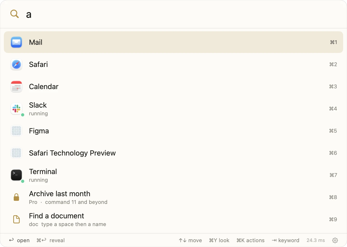 The Jump Valet panel open with the letter a typed: Mail, Safari, Calendar, Slack and Terminal ranked with Command-number shortcuts, and two commands below them.